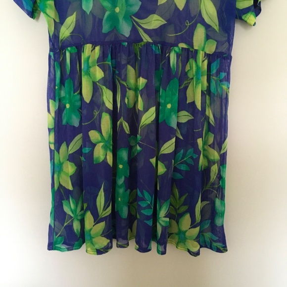VTG Cole of California Blue Green Floral Mesh Sheer Cover Up Babydoll Dress M/L - Picture 8 of 14